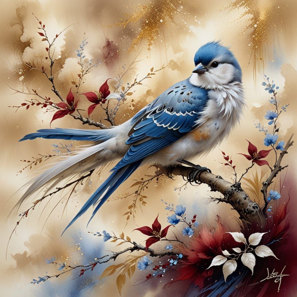 Chinese Painting of a Bluebird in Watercolor