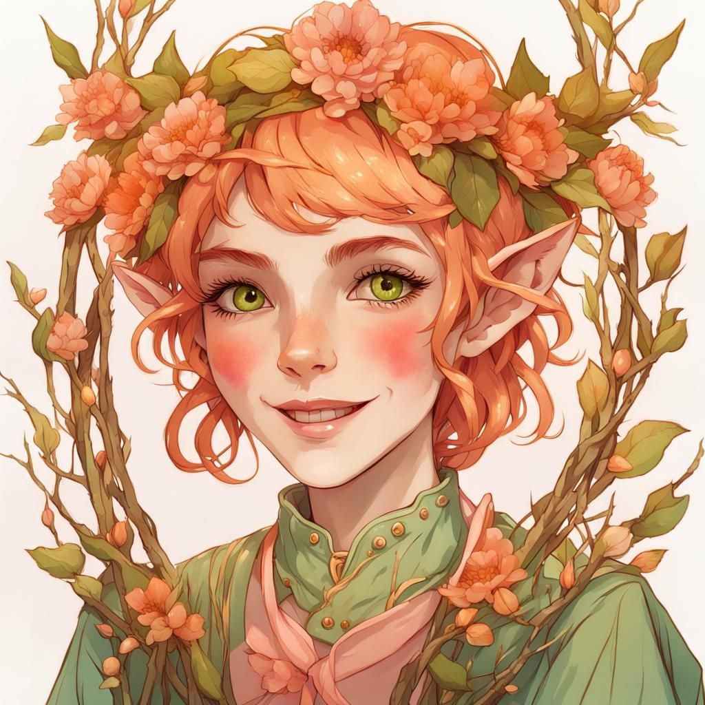 Art Nouveau Elf Girl with Flower Wreath