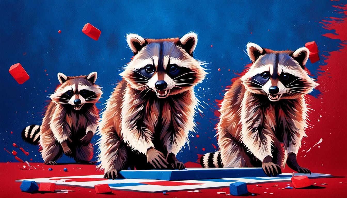Hyperrealistic Raccoons Play Cornhole with Patriotic Backdro...