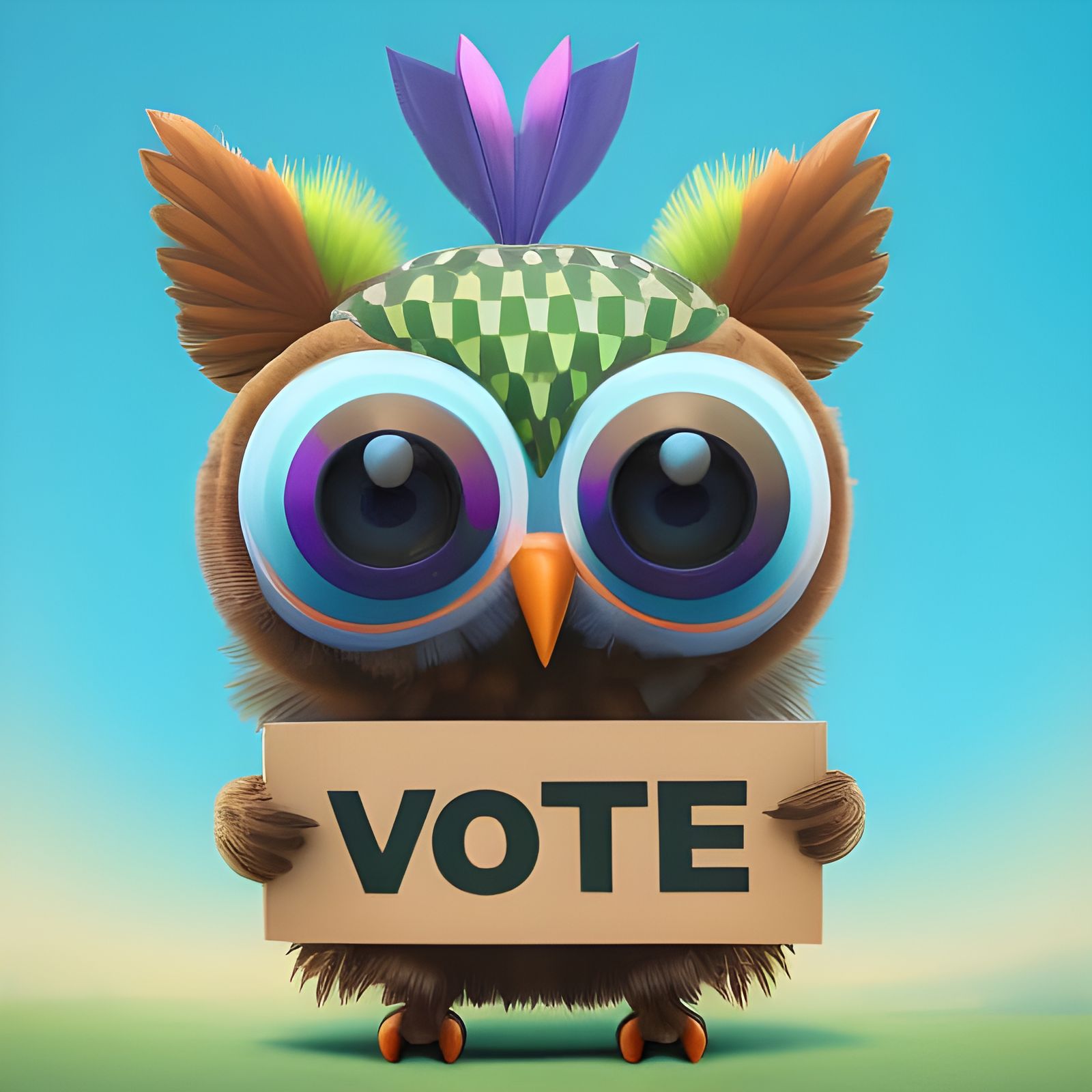 Owl Hitchhiking and Holding a Vote Sign in 3D