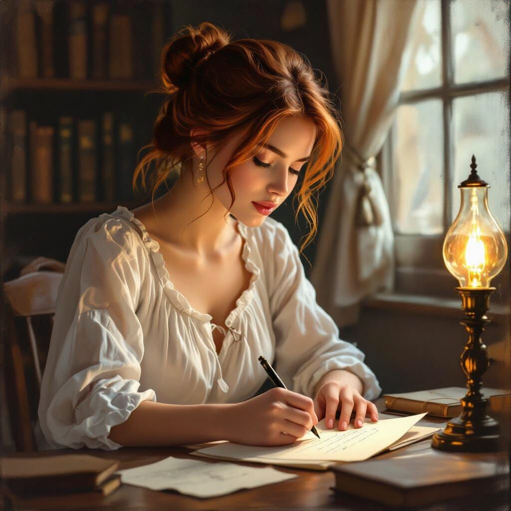 Young Woman Writes First Love Letter by Oil Lamp