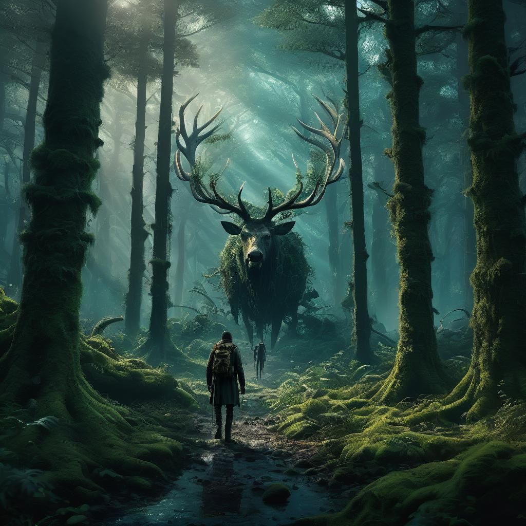 Antlered Human in Mystical Forest: Digital Matte Painting