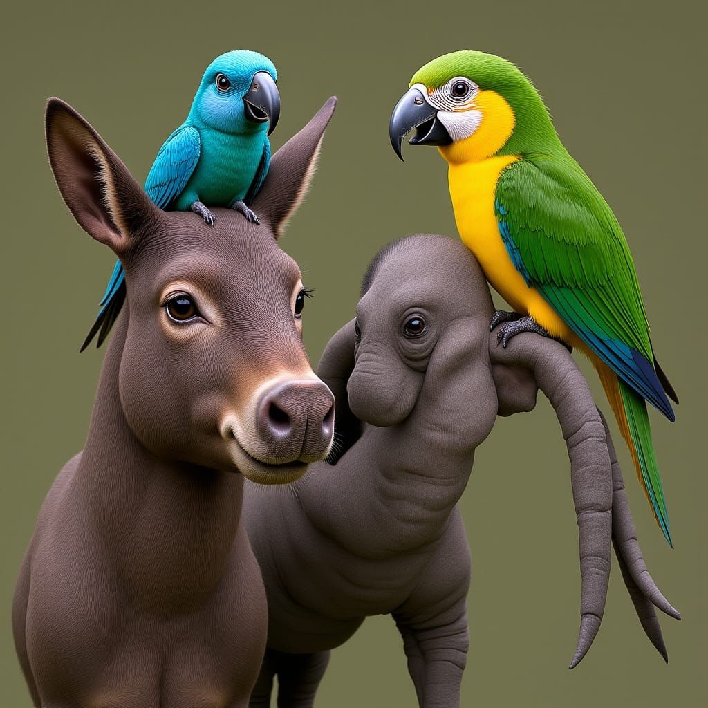 Surreal Hybrid Creature: Donkey, Pig, Parrot, Elephant