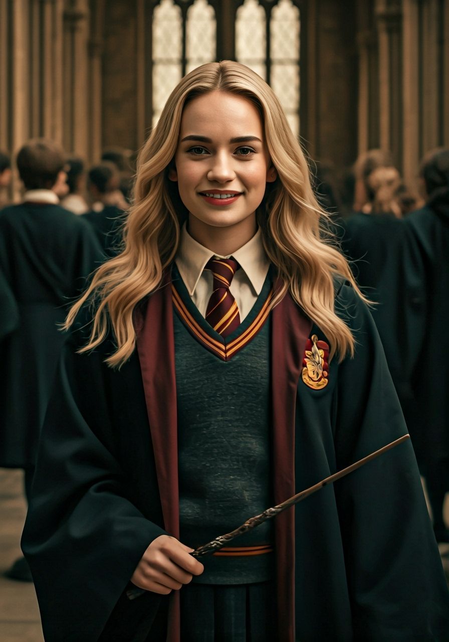 Lily James as Hogwarts Student: Gryffindor Uniform