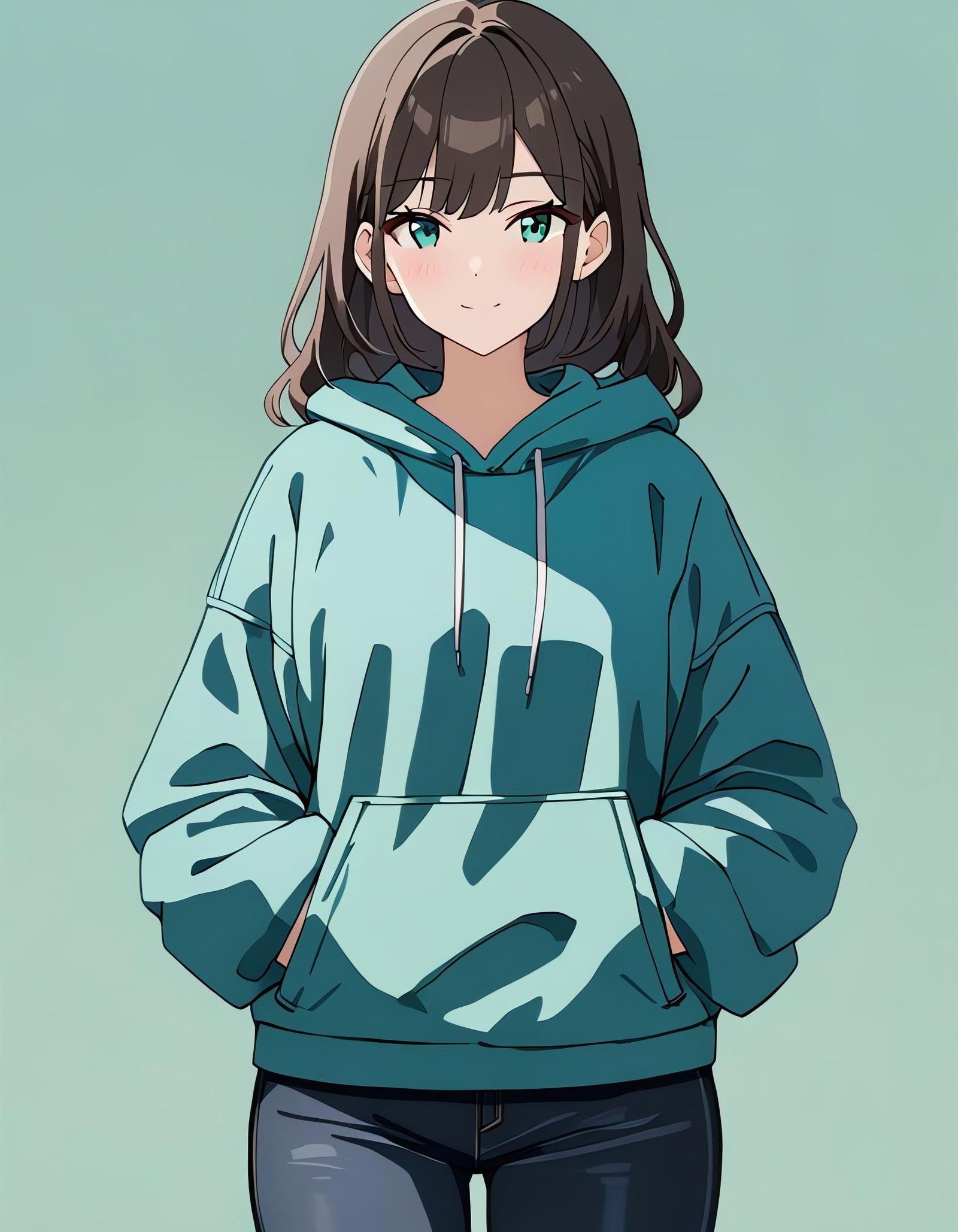 Girl with Aqua Eyes and Hoodie in Cel-Shaded Style
