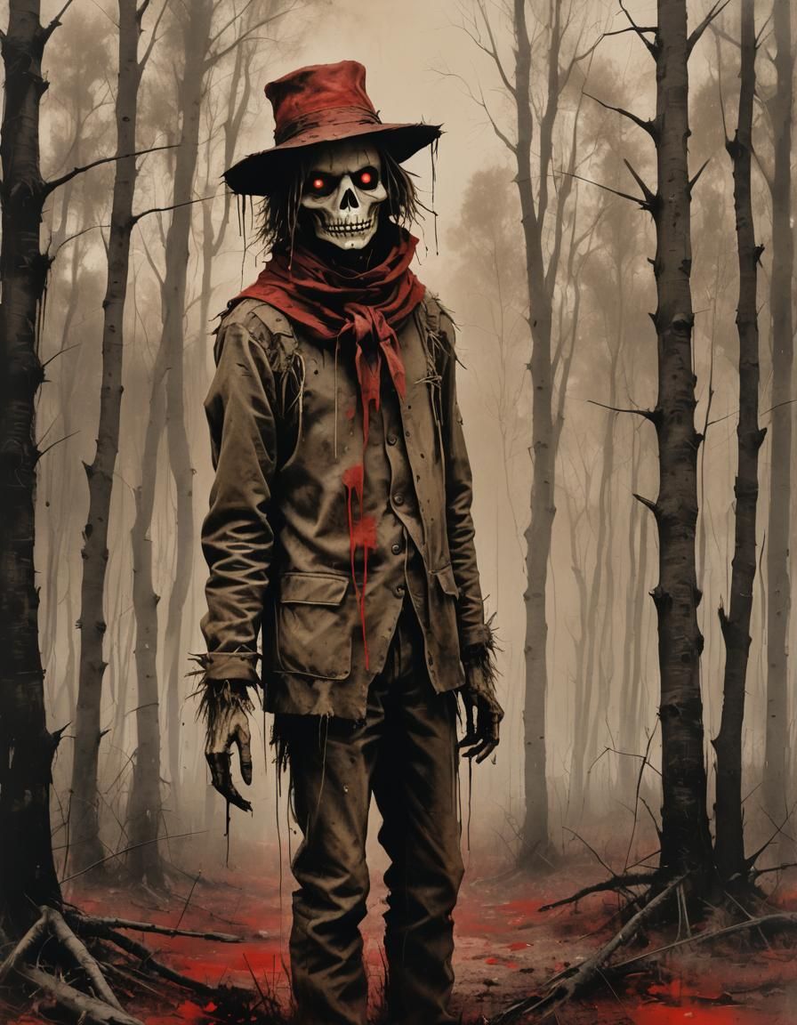 Sepia Scarecrow Caricature in Gritty Forest