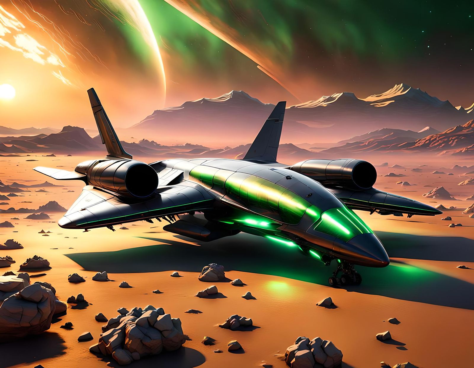 Futuristic Space Plane on Alien Planet at Sunset