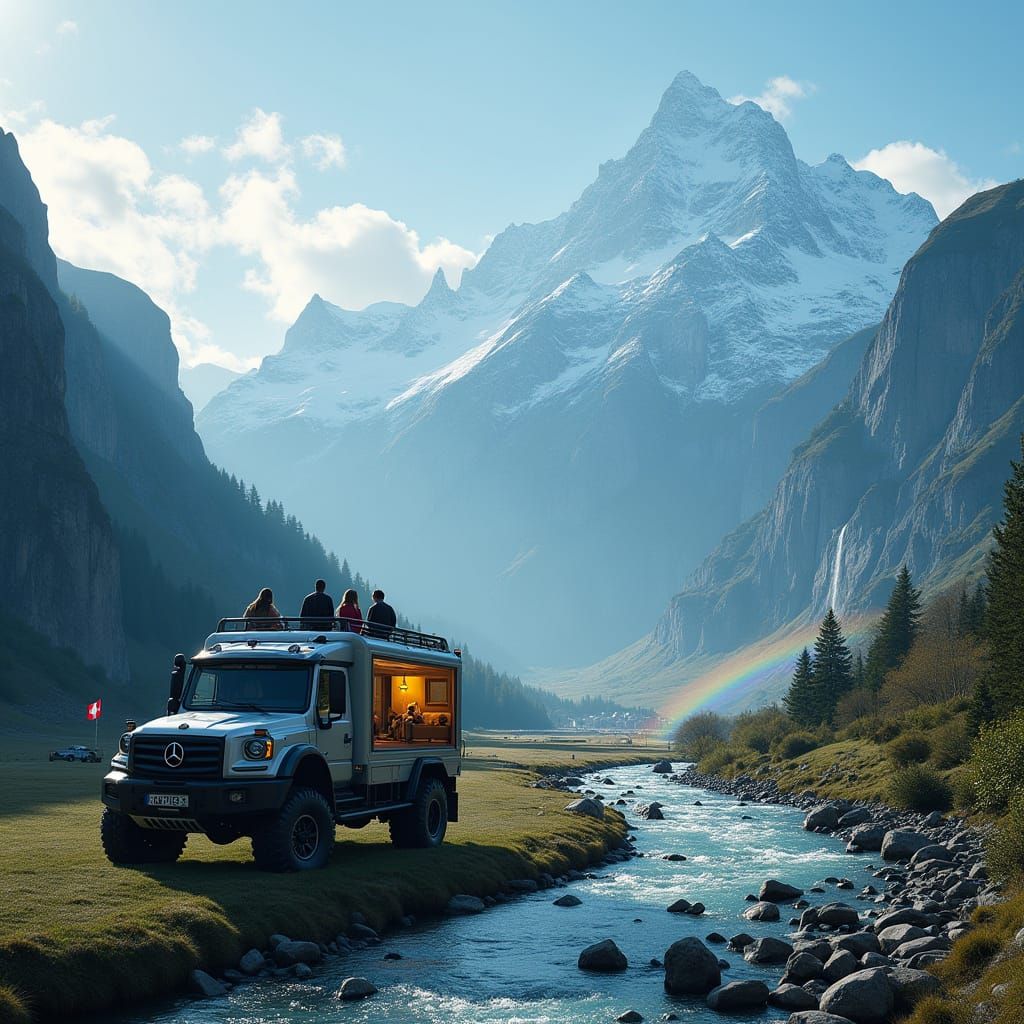 Majestic Swiss Alps Drone View with Camping Truck and Rainbo...