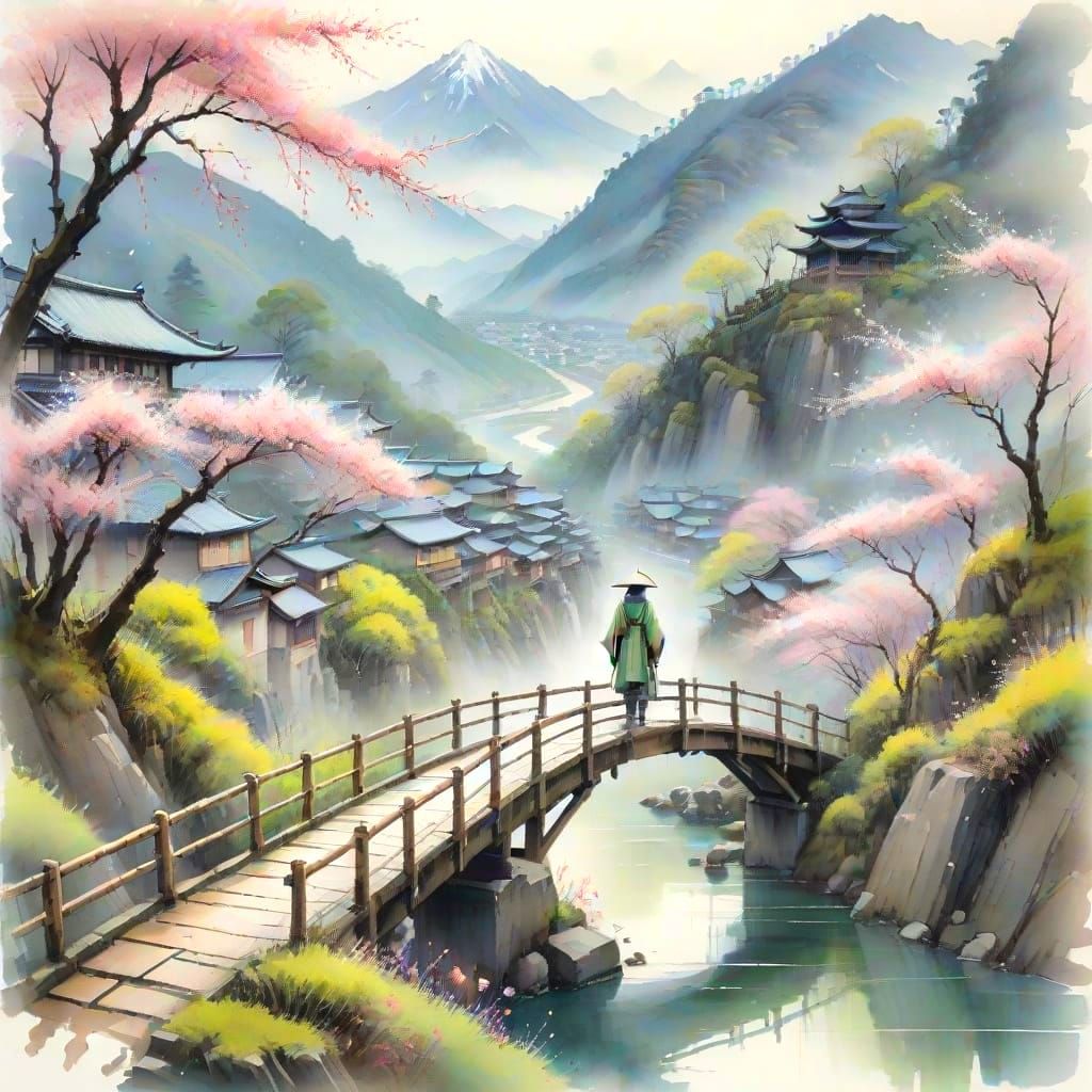 Misty Mountain Village Cherry Blossoms in Watercolor Style