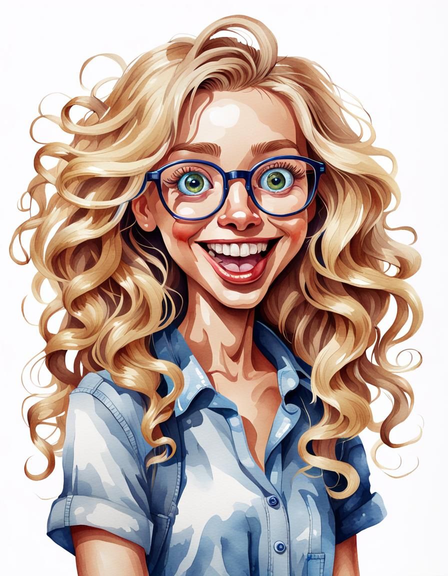 Funny Watercolor Caricature of a Smiling Blonde Woman