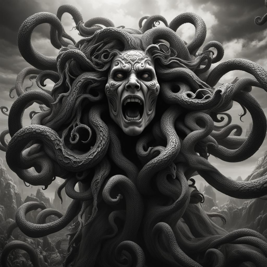 Screaming Medusa in Black and White: Detailed Matte Painting