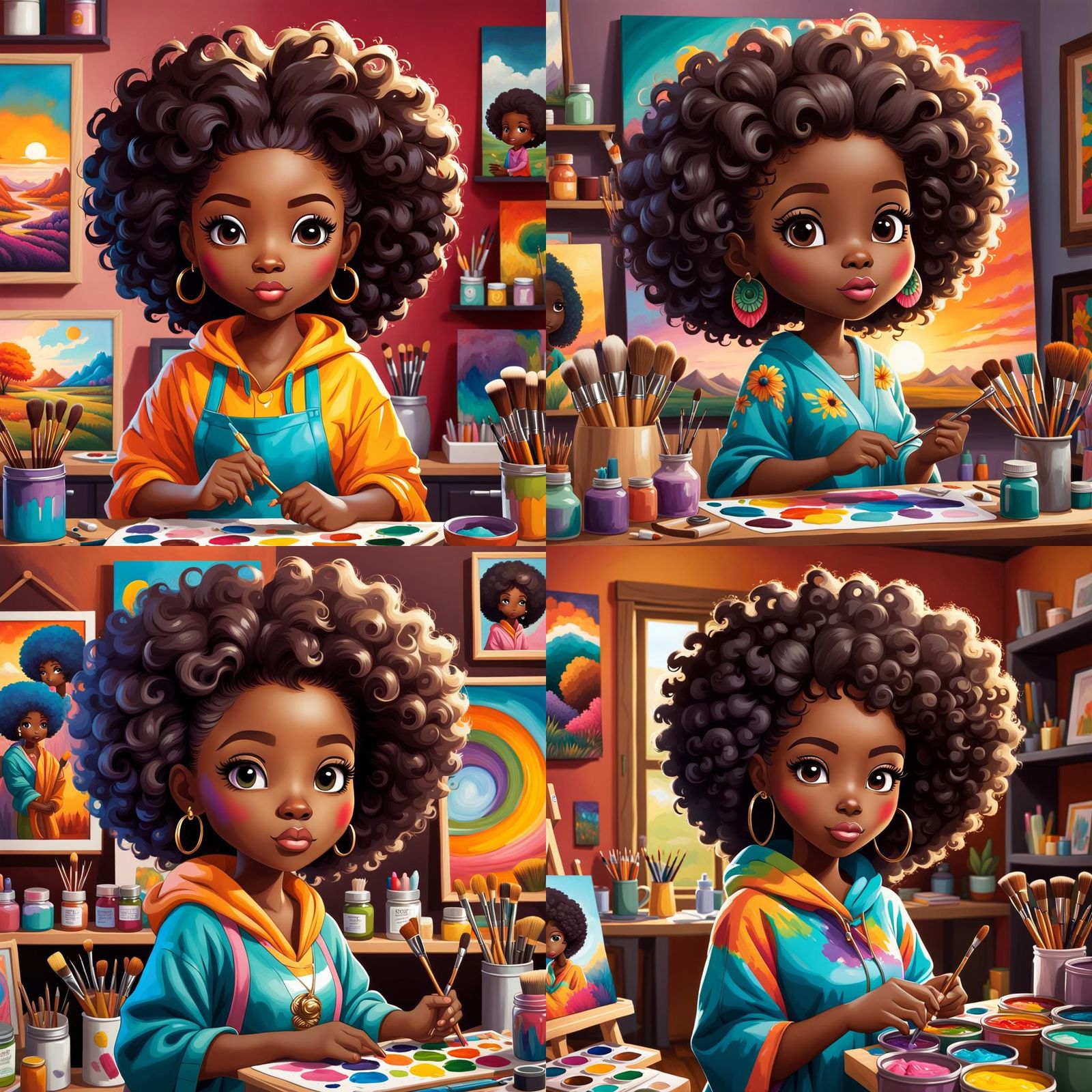 Chibi African American Artist Painting a Landscape