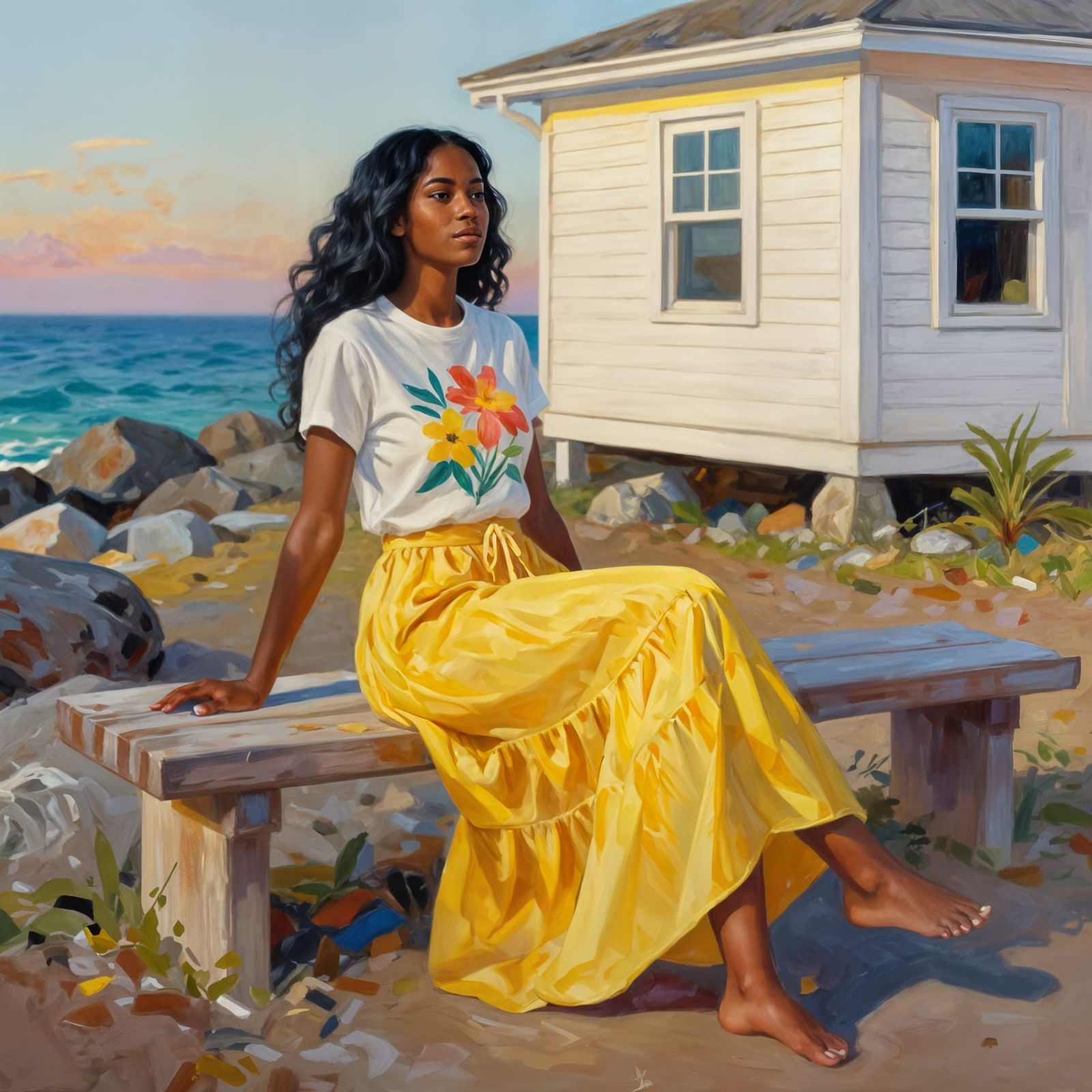 Caribbean Woman by Shoreline in Sunset Light