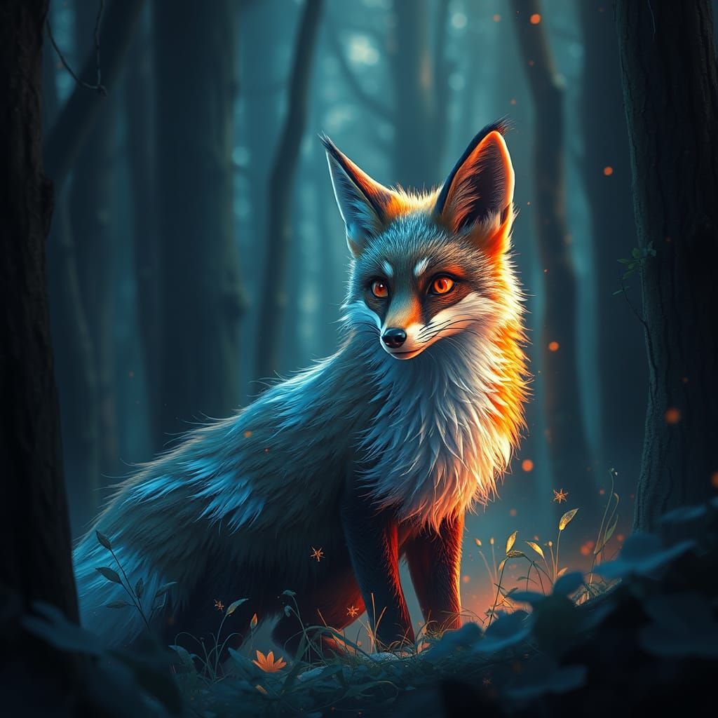 Fantastical Fox in Woods, Detailed Matte Painting
