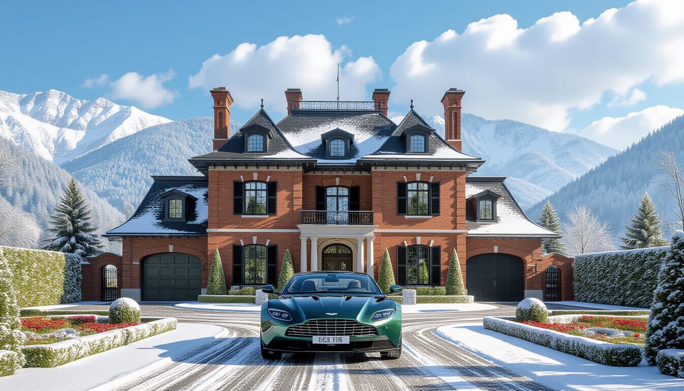 Victorian Chateau With Aston Martin In Snowy Landscape