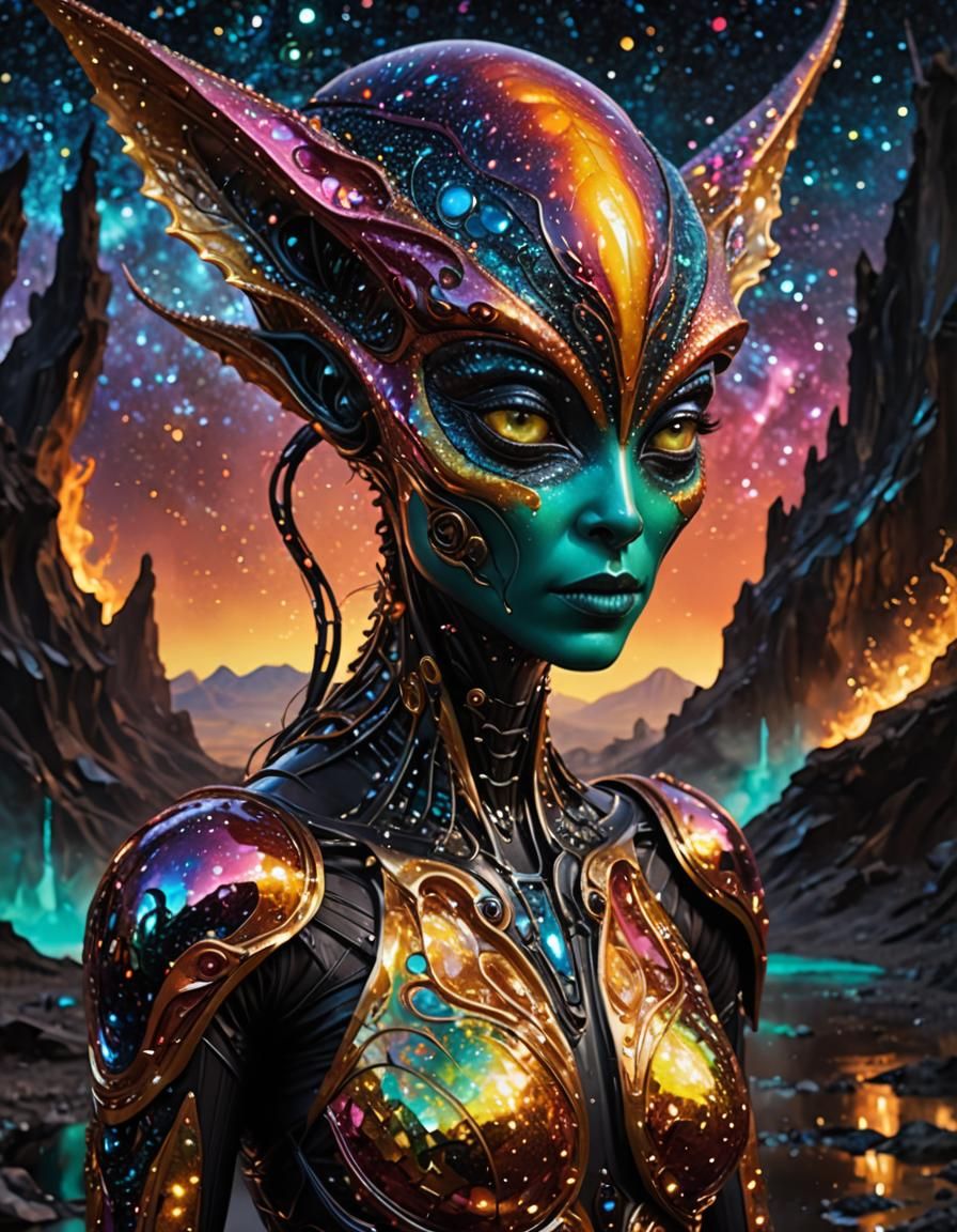 Glitter Alien Creature in Surreal Landscape