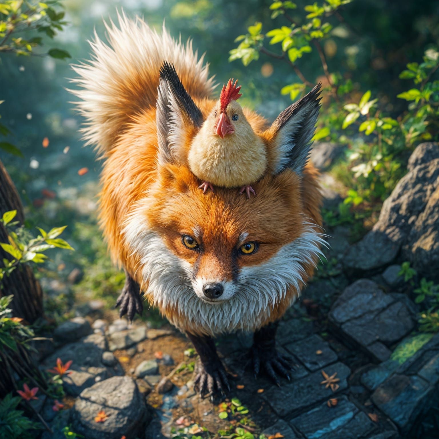 Cute Chicken Rides Epic Fox in Vibrant Digital Art
