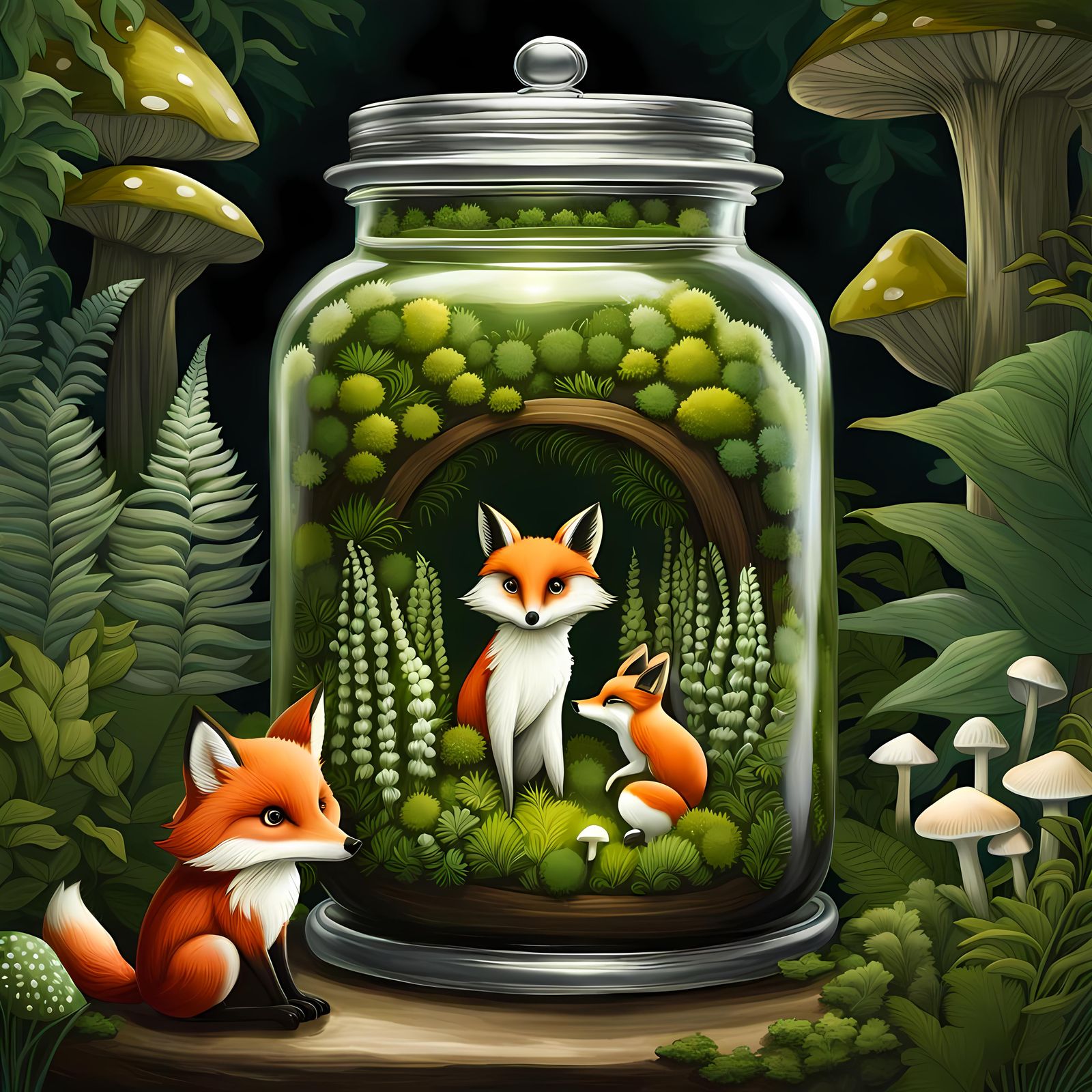 Lush Miniature Ecosystem Inside Jar: Digital Painting