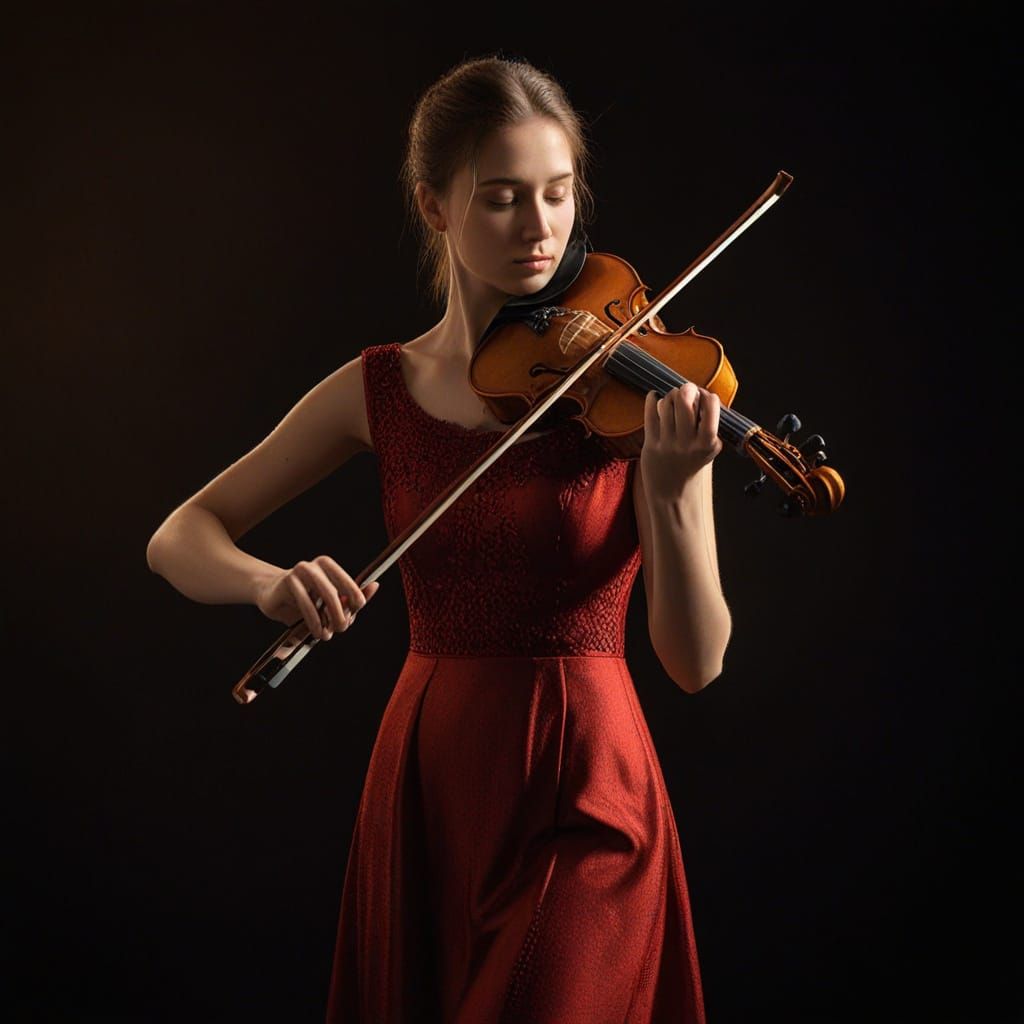 Violinist in Red Dress: Oil Painting Portrait