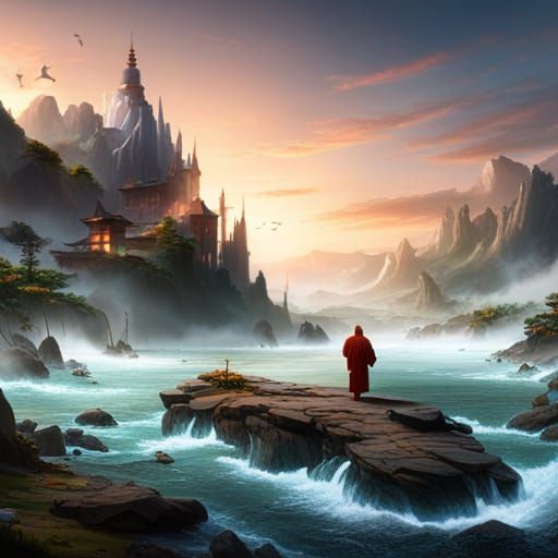 Tibetan Monks in Landscape: A Detailed Matte Painting