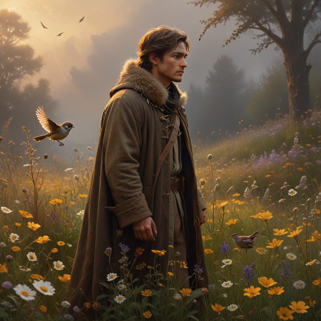 Man in Cloak Among Wildflowers: Oil Painting
