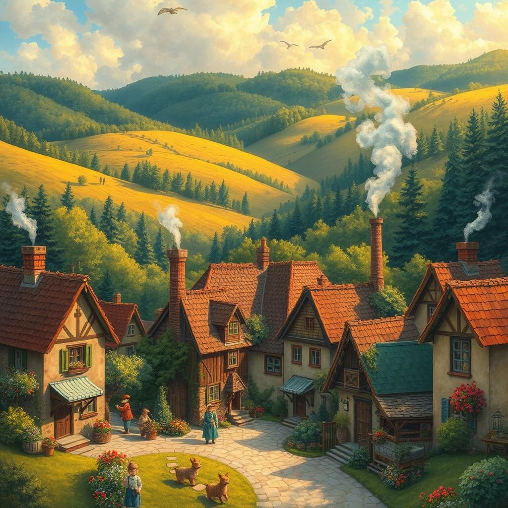 Quaint Village Scene in Storybook Folk Art Style