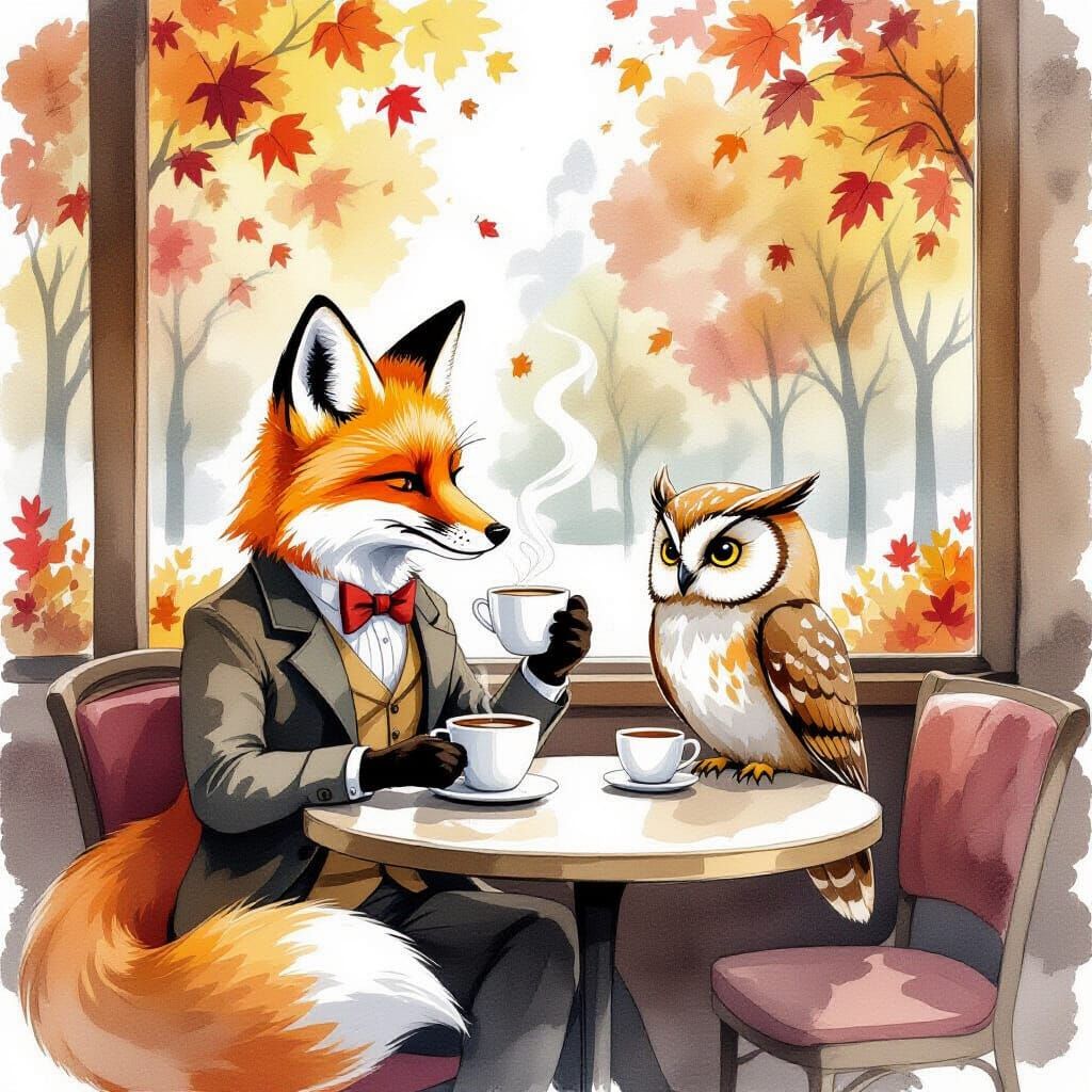 Fox and Owl Coffee Break in Alcohol Ink Style