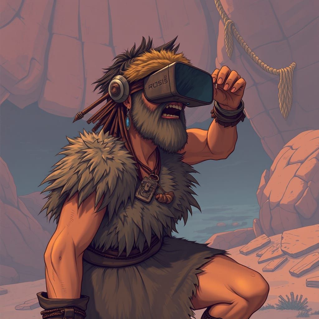 Caveman Explores Virtual World in Rustic Futuristic Style