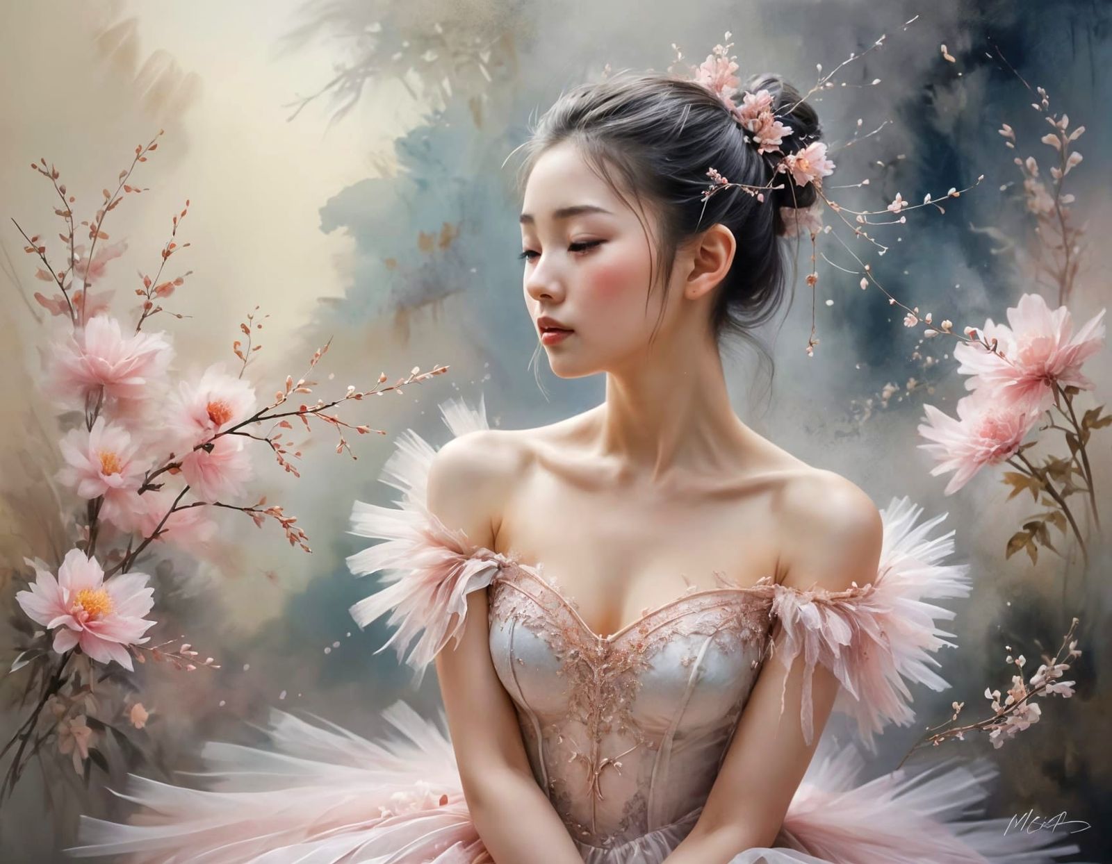 Ethereal Chinese Ballerina in Soft Watercolor