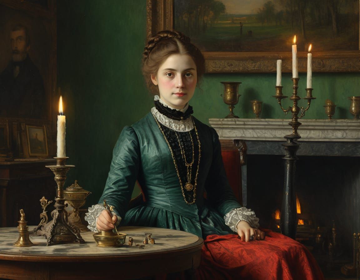 Encaustic Portrait of Miss Scarlett in a Cozy Lounge Setting