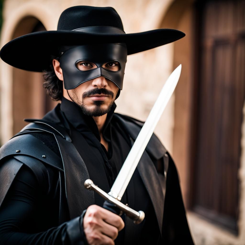 Zorro in Costume with Sword, Sharp Focus Photography