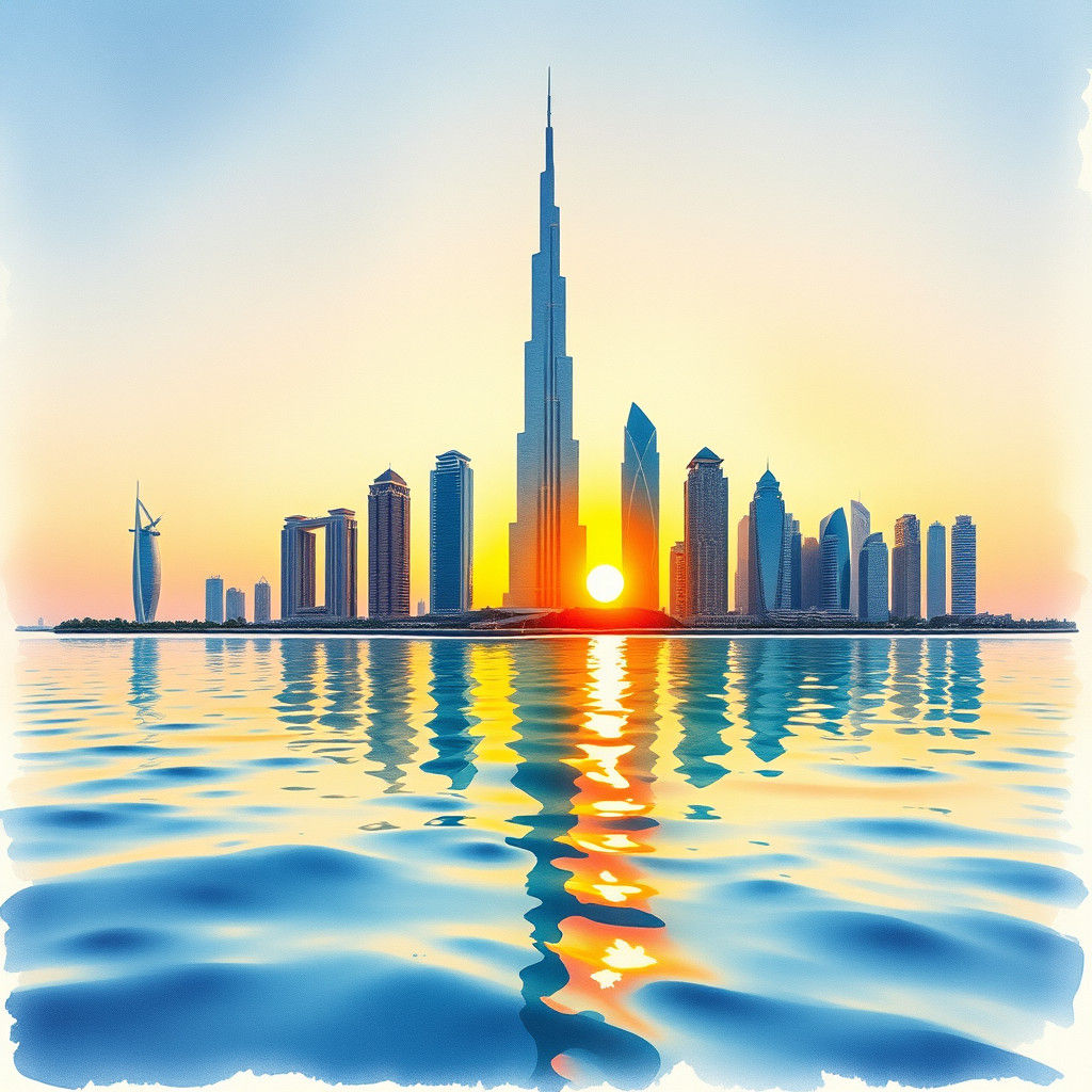 Dubai Skyline Sunset Reflection in Watercolor