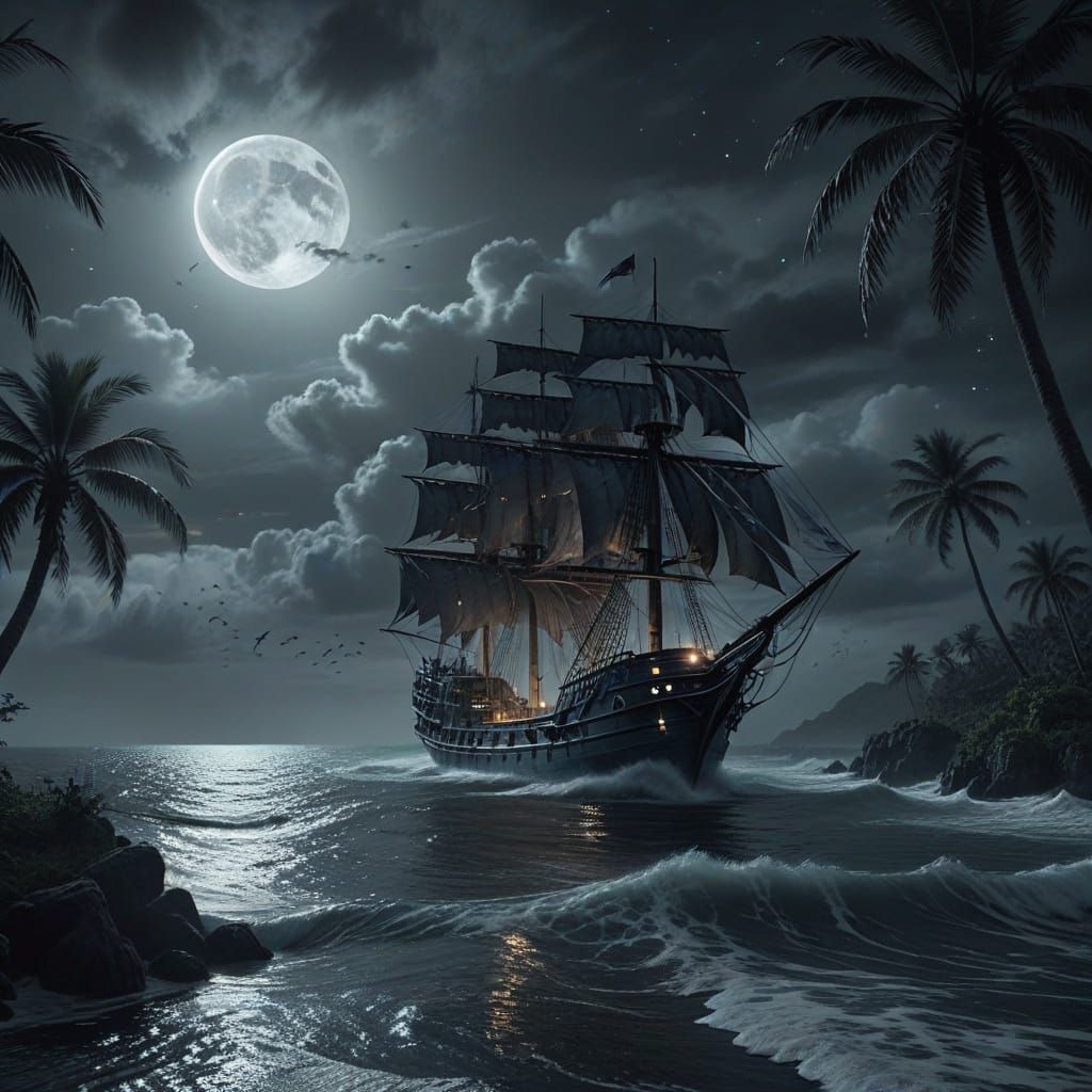 Grey Ship Sails Under Moonlight: A Dark Fantasy Art