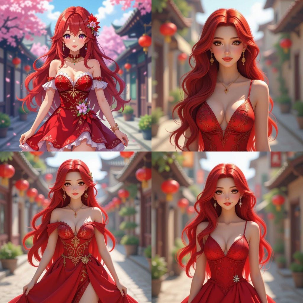 Anime Woman in Red Dress, 3D Render