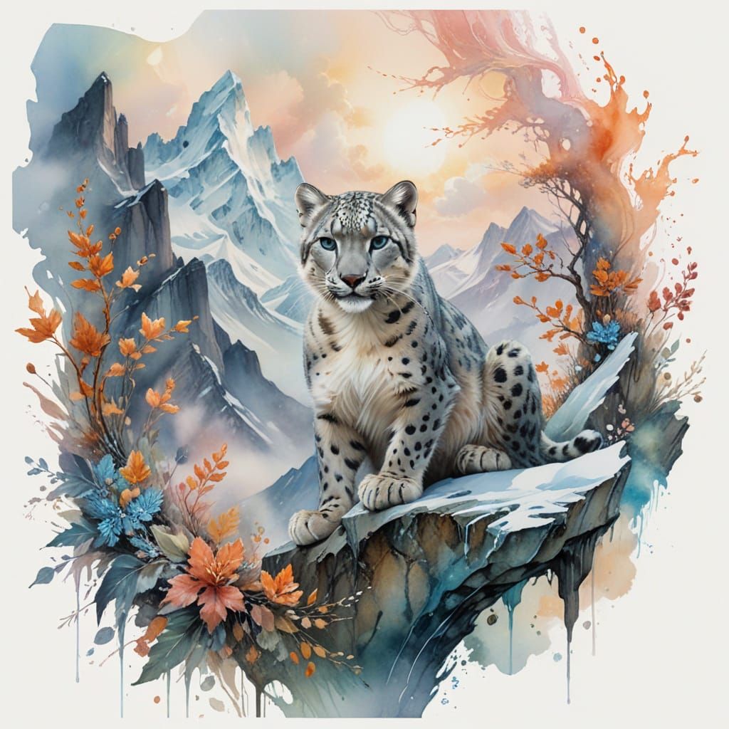 Surreal Snow Leopard Prowls Majestic Ethereal Peaks