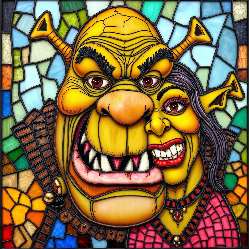 Vibrant Stained Glass Ogres in Comic Horror Style