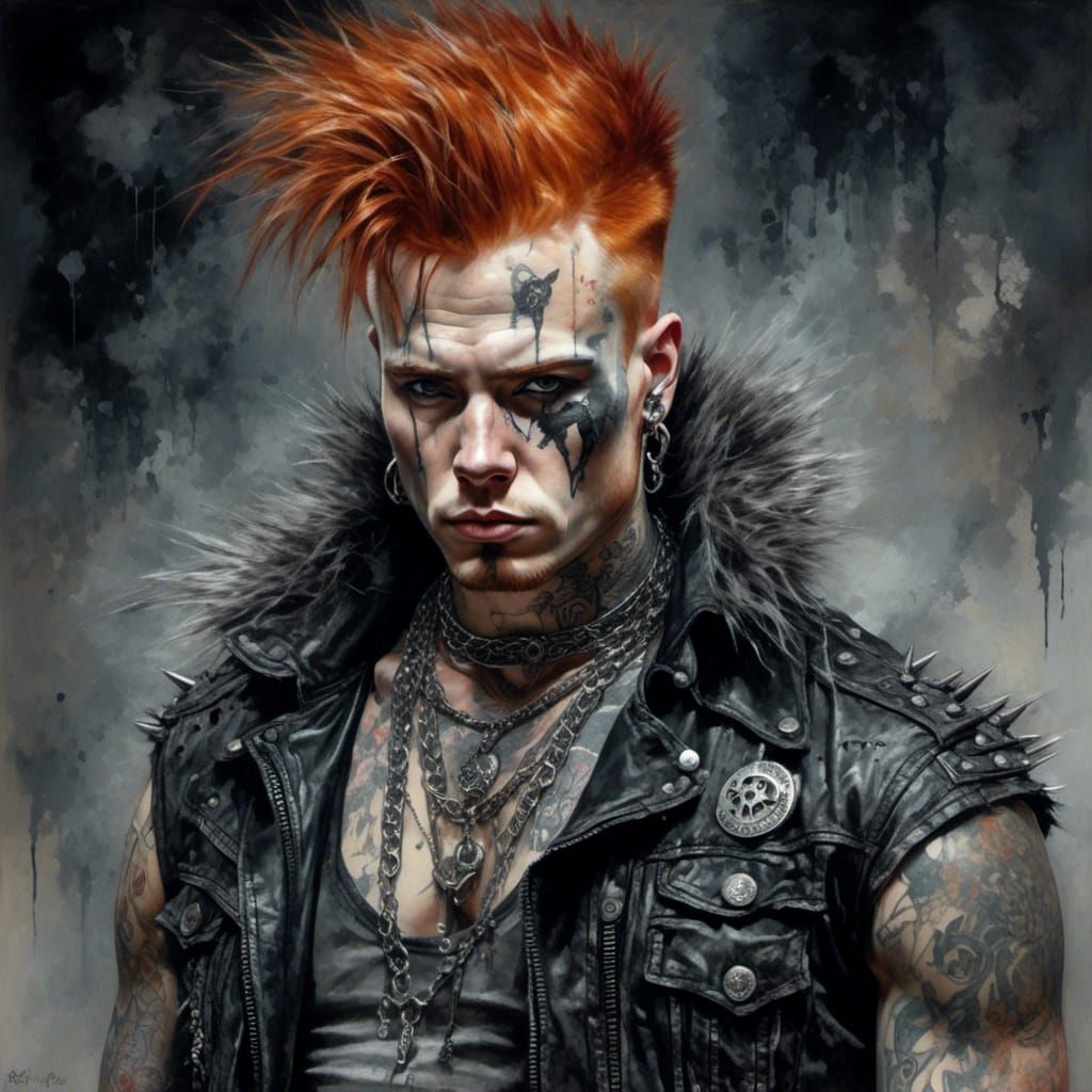 Punk Redhead with Spiked Jewelry in Watercolor Style