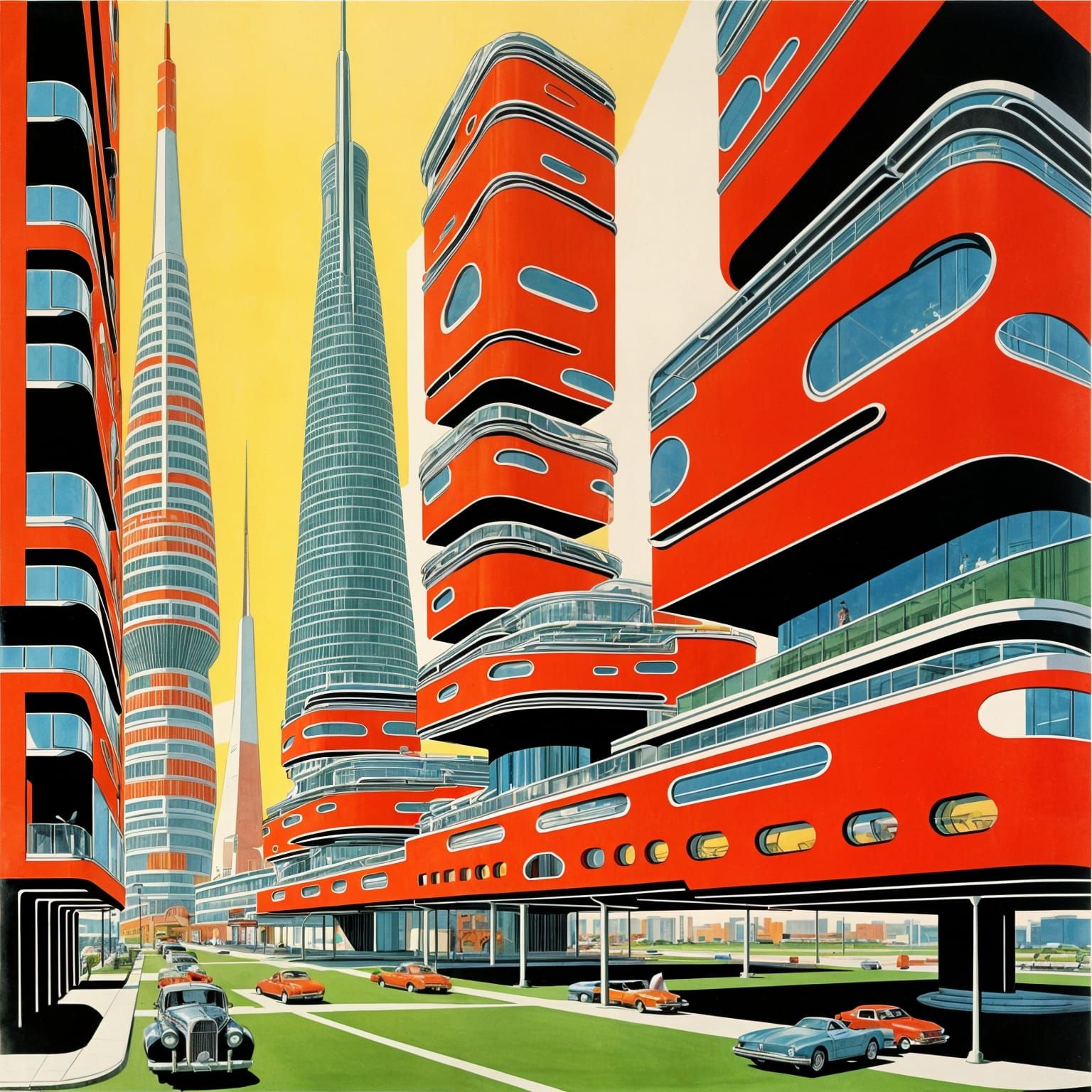 Vibrant Retro-Futuristic Metropolis Illustration