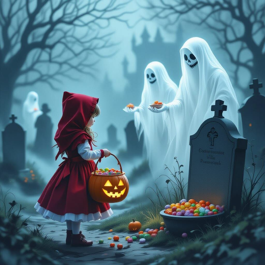 Red Riding Hood in Foggy Graveyard with Ghosts