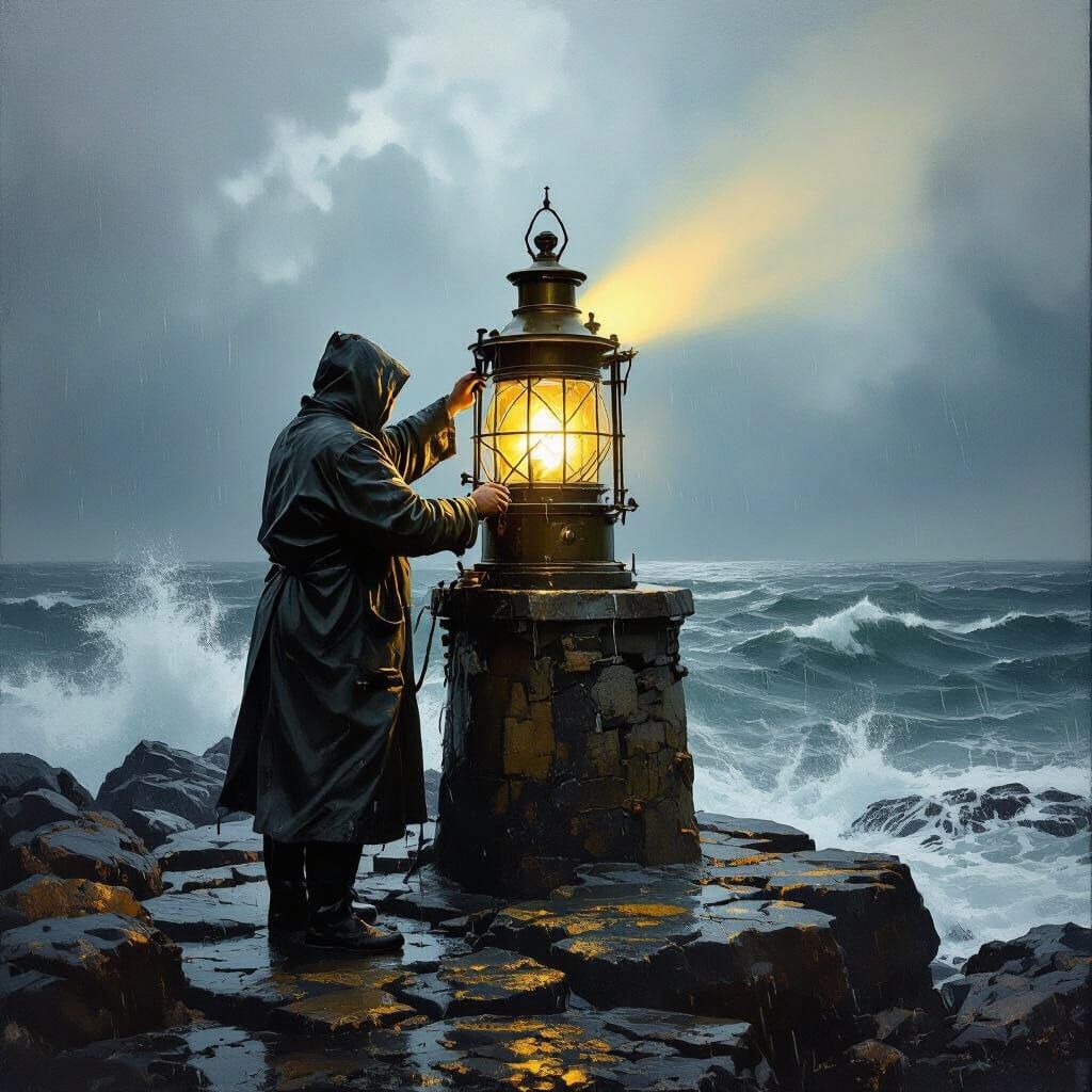 Lighthouse Keeper Polishing Lantern in Stormy Seas