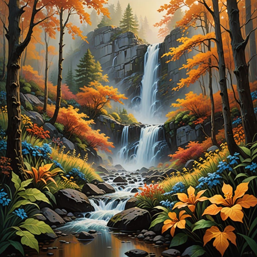 Vibrant Autumn Waterfall in Expressive Oil Painting