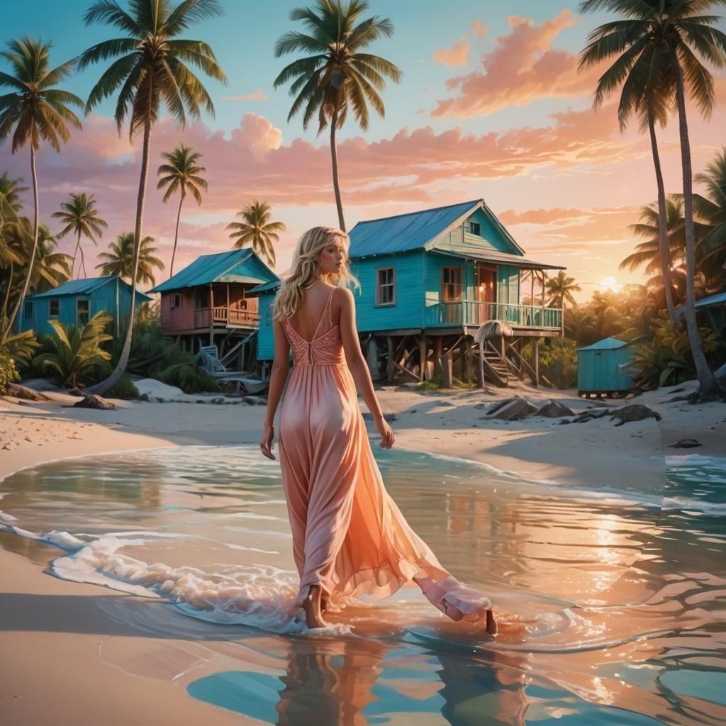Tropical Beach Sunset with Girl in Peach Gown