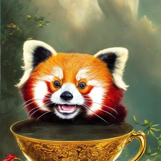 Red Panda in Teacup, Detailed Matte Painting