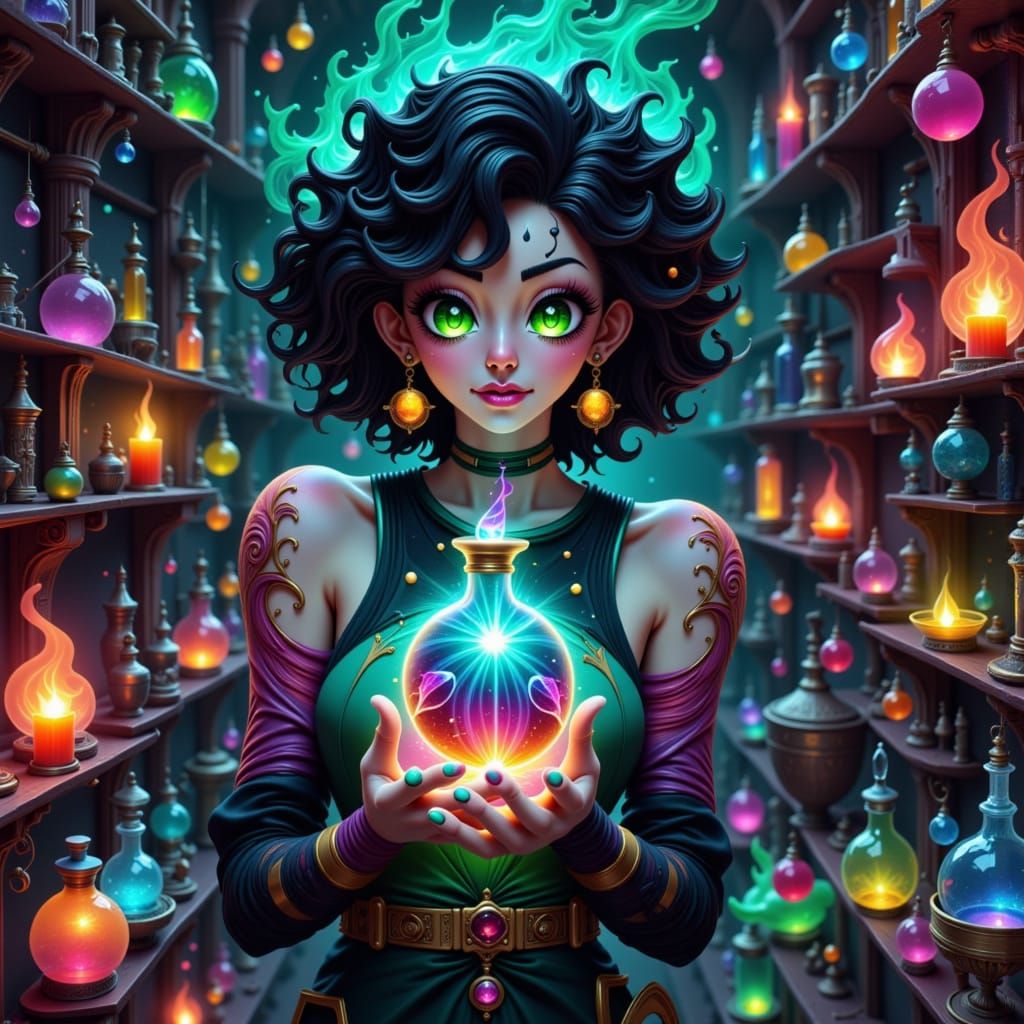 Mystical Apothecary: Woman with Iridescent Potion in Neon No...