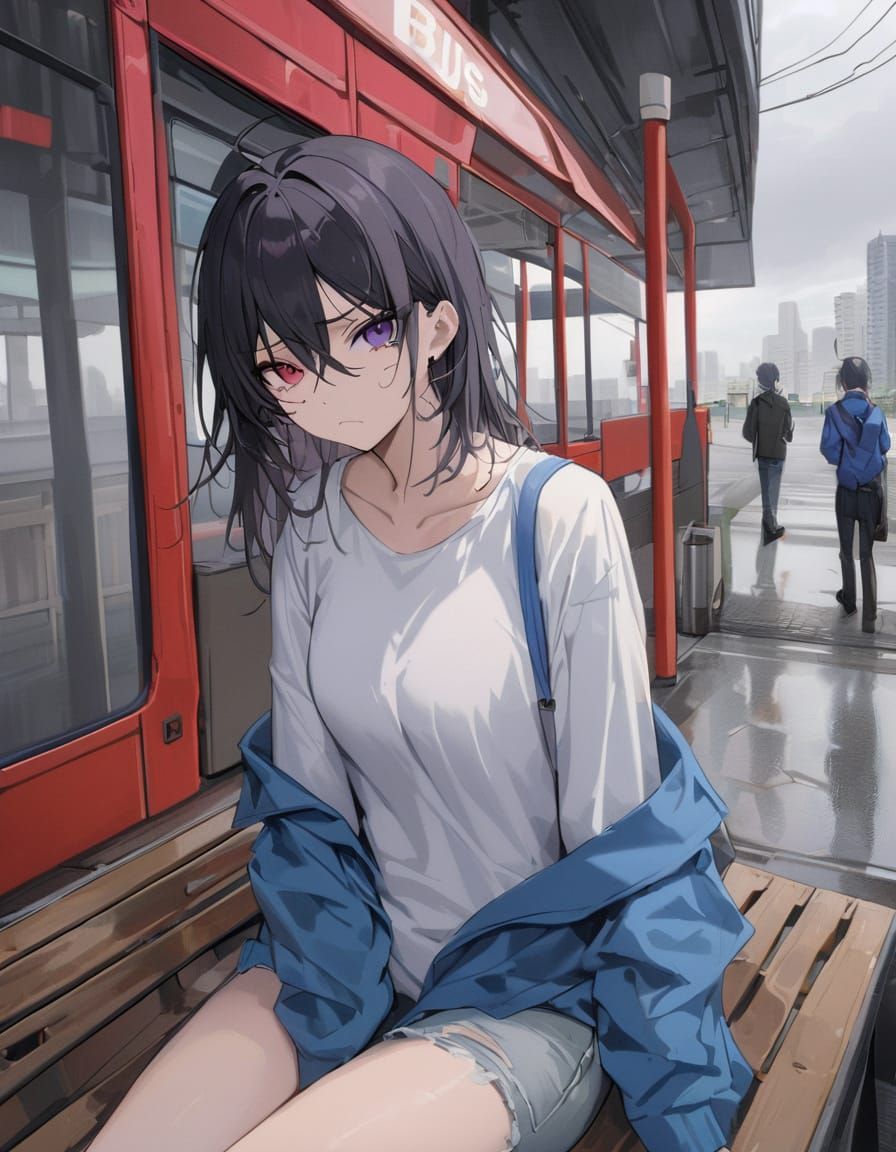 Sad Woman Crying at Bus Stop in Overcast City