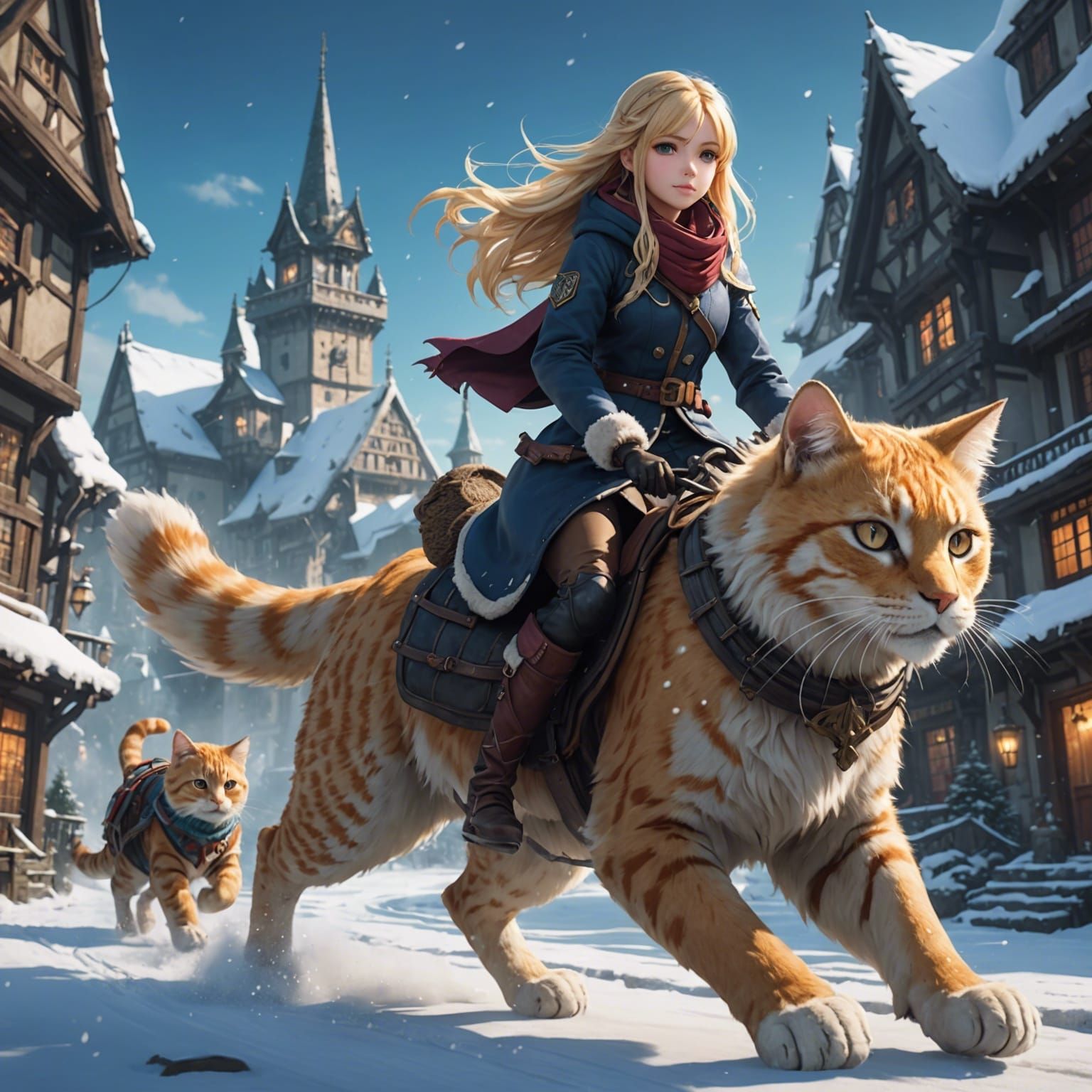 Anime Girl Rides Giant Cat in Detailed Painting