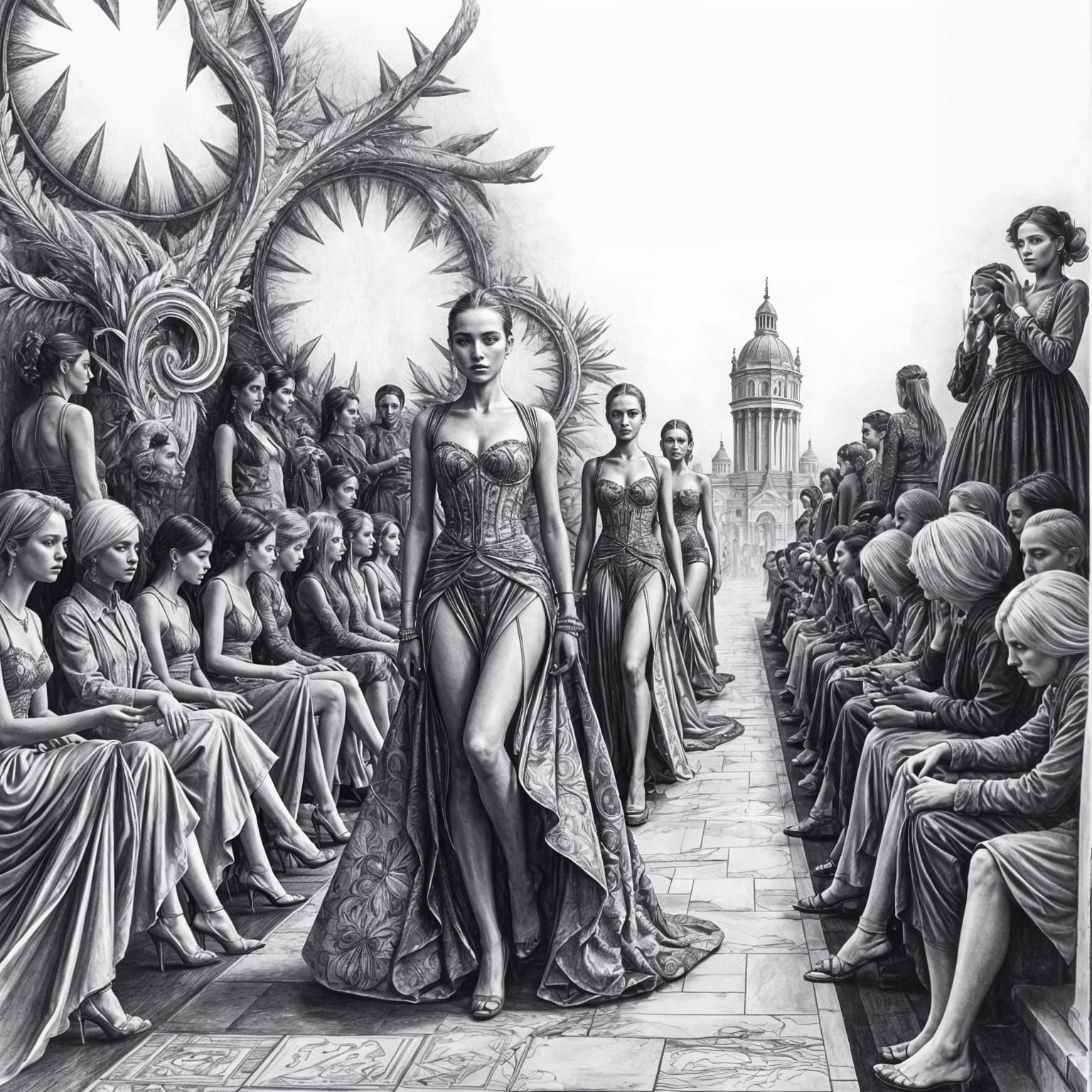Surreal Fashion Runway in Hyperdetailed Charcoal Style