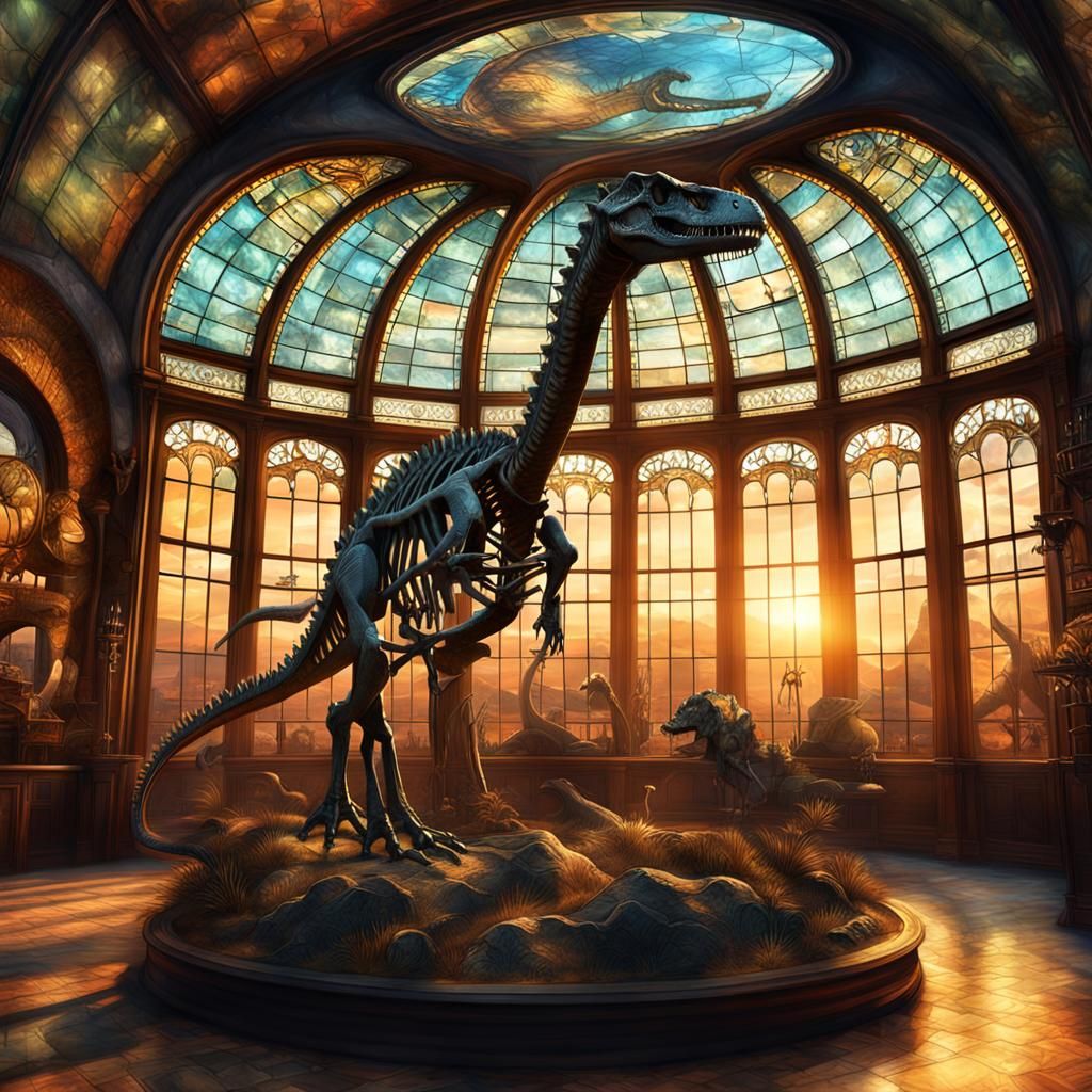 Art Nouveau Steampunk Museum with Dinosaur Skeleton