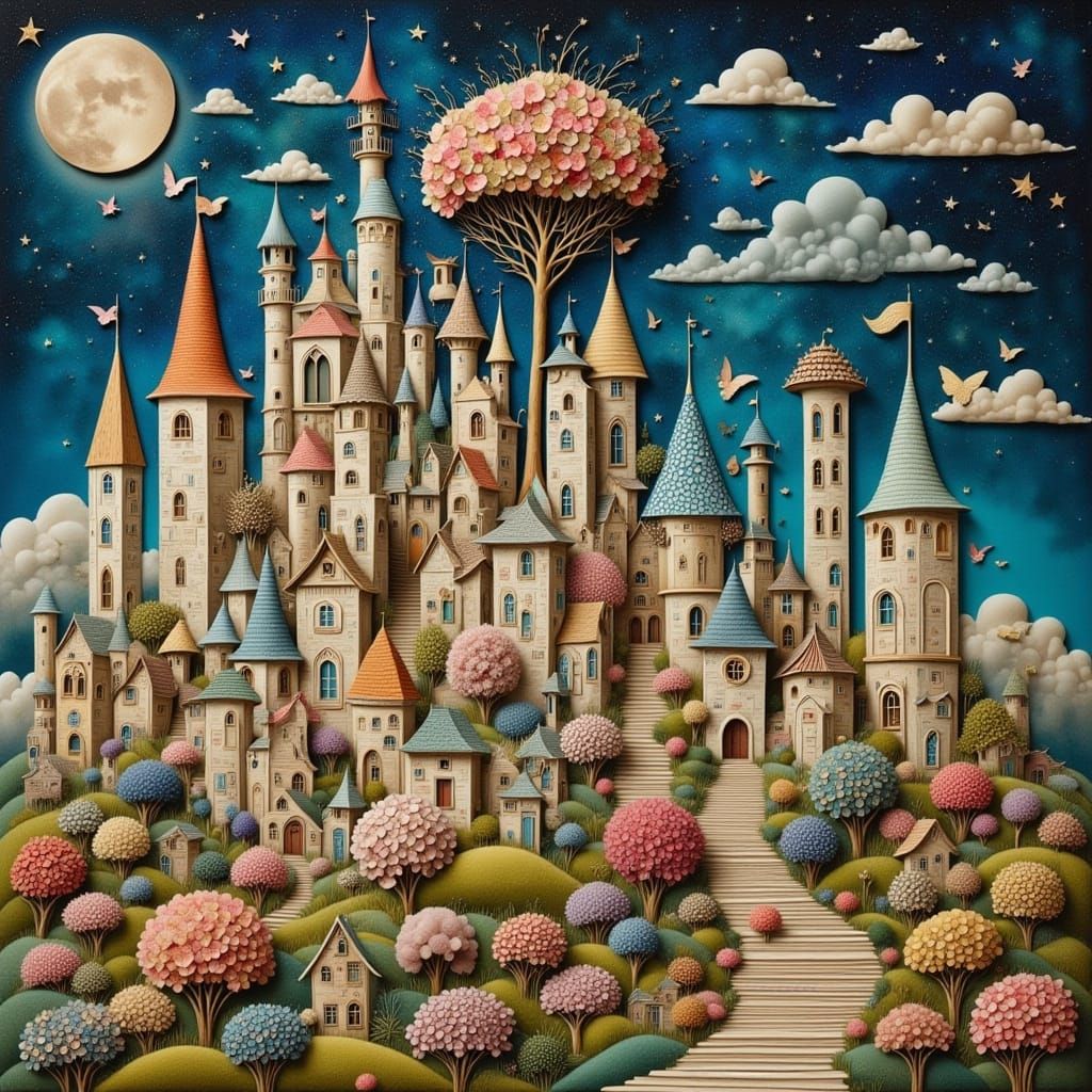 Whimsical Cityscape with Collage Elements