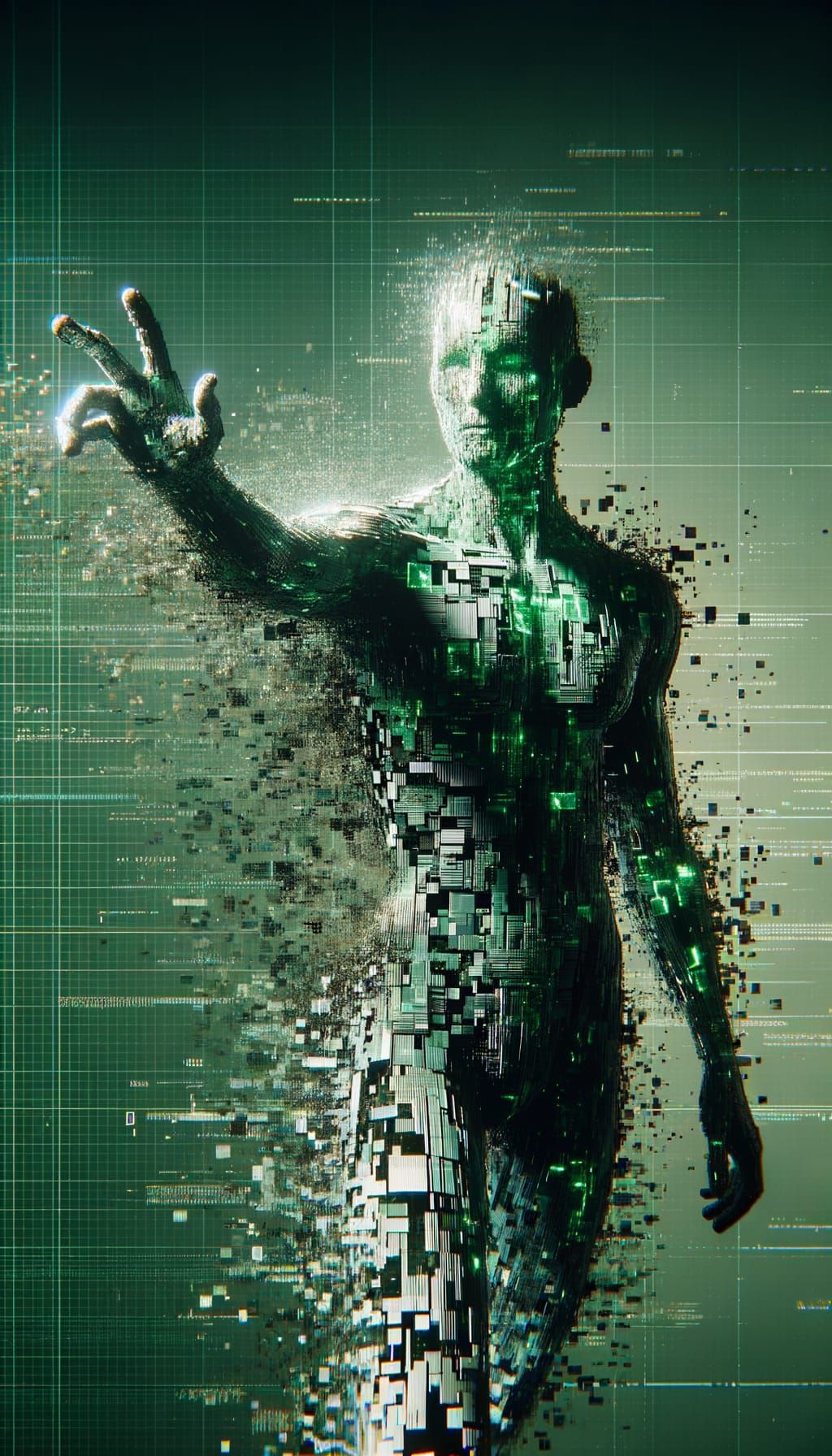 Humanoid Figure Emerges from Glitch Static in Digital Art
